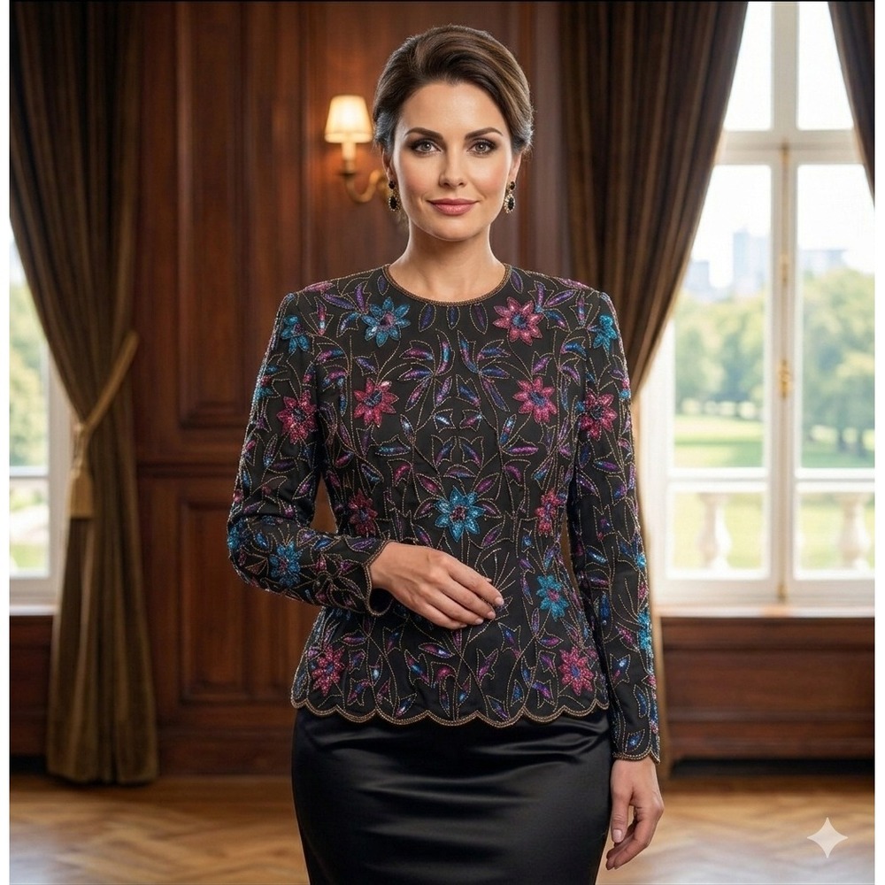 VTG‎ Y2K JMD New York Beaded Silk Top Women L Black Floral Sequin Evening Blouse